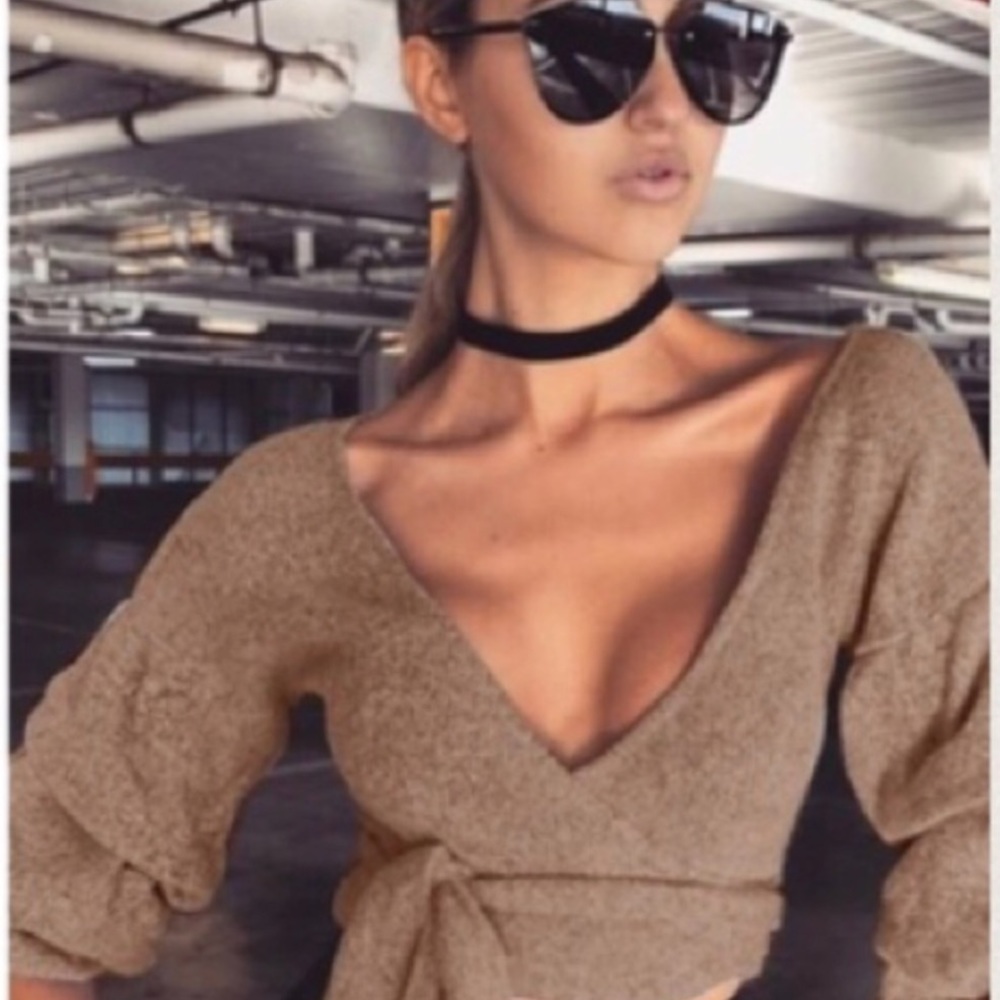 Brown Knit Wrap Top Sexy Crop